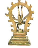 Back view of antique brass Nataraja sculpture, tall circular frame with raised arms