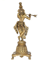Natural brass Lord Krishna statue side view with flute, ornate pedestal base