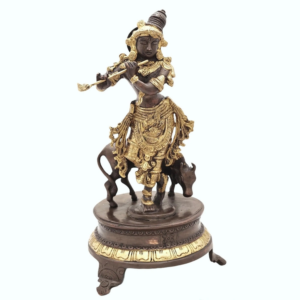 Handmade brass Venugopala idol, 10 in, gold details on dark brown base