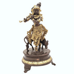 Handmade brass Venugopala idol, 10 in, gold details on dark brown base