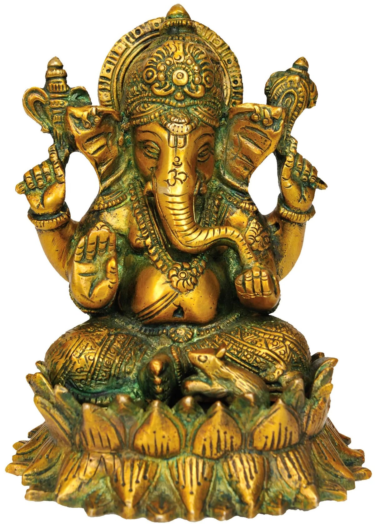Brass Lord Ganesha statue seated on lotus base, 5 inches