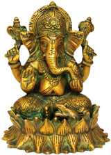 Brass Lord Ganesha statue seated on lotus base, 5 inches