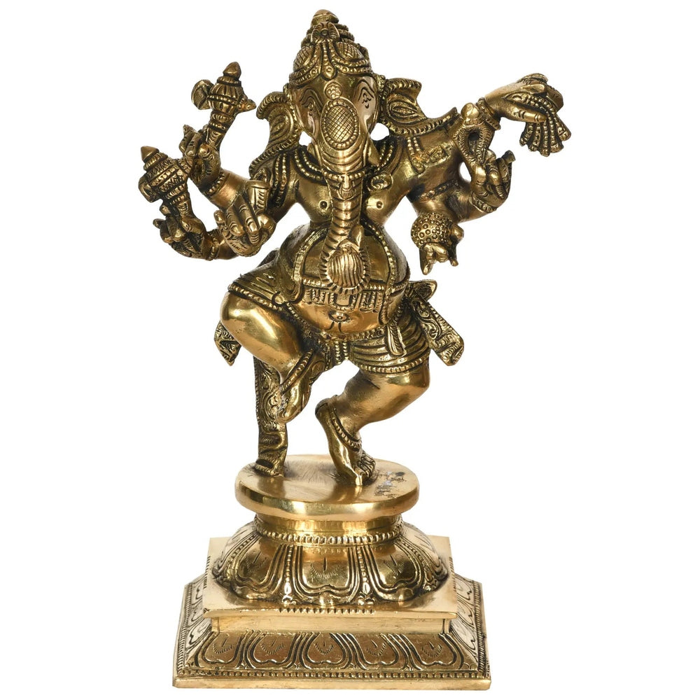 Brass dancing Ganesha sculpture, 9 in, ornate pose and raised hands