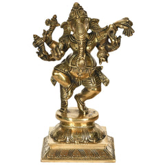 Brass dancing Ganesha sculpture, 9 in, ornate pose and raised hands