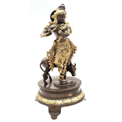 Venugopala brass idol, 10 in, standing on ornate dark base with gold accents
