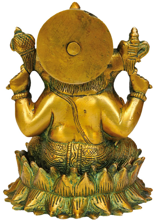 Brass Statue of Lord Ganesha on a Lotus 5 Inches