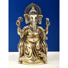 Brass Ganesha statue (7 inch) in Ashirwad mudra, raised hands and seated form