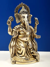Brass Bhagawan Ganesha statue, Ashirwad mudra, gold-tone detailing, 7 inch