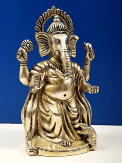 Brass Bhagawan Ganesha statue, Ashirwad mudra, gold-tone detailing, 7 inch
