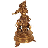 Natural brass Venugopala idol 10 in, standing with flute on decorated pedestal