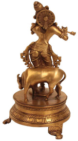 Natural brass Venugopala idol 10 in on horseback, back view with pedestal base