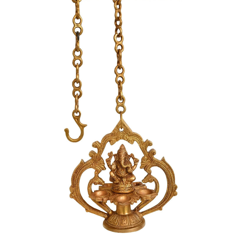 Brass Hanging Lamp with Five Wicks and Lord Ganesha Design 7 inches