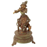Handmade Venugopala brass idol, green-gold finish, flute pose on round base