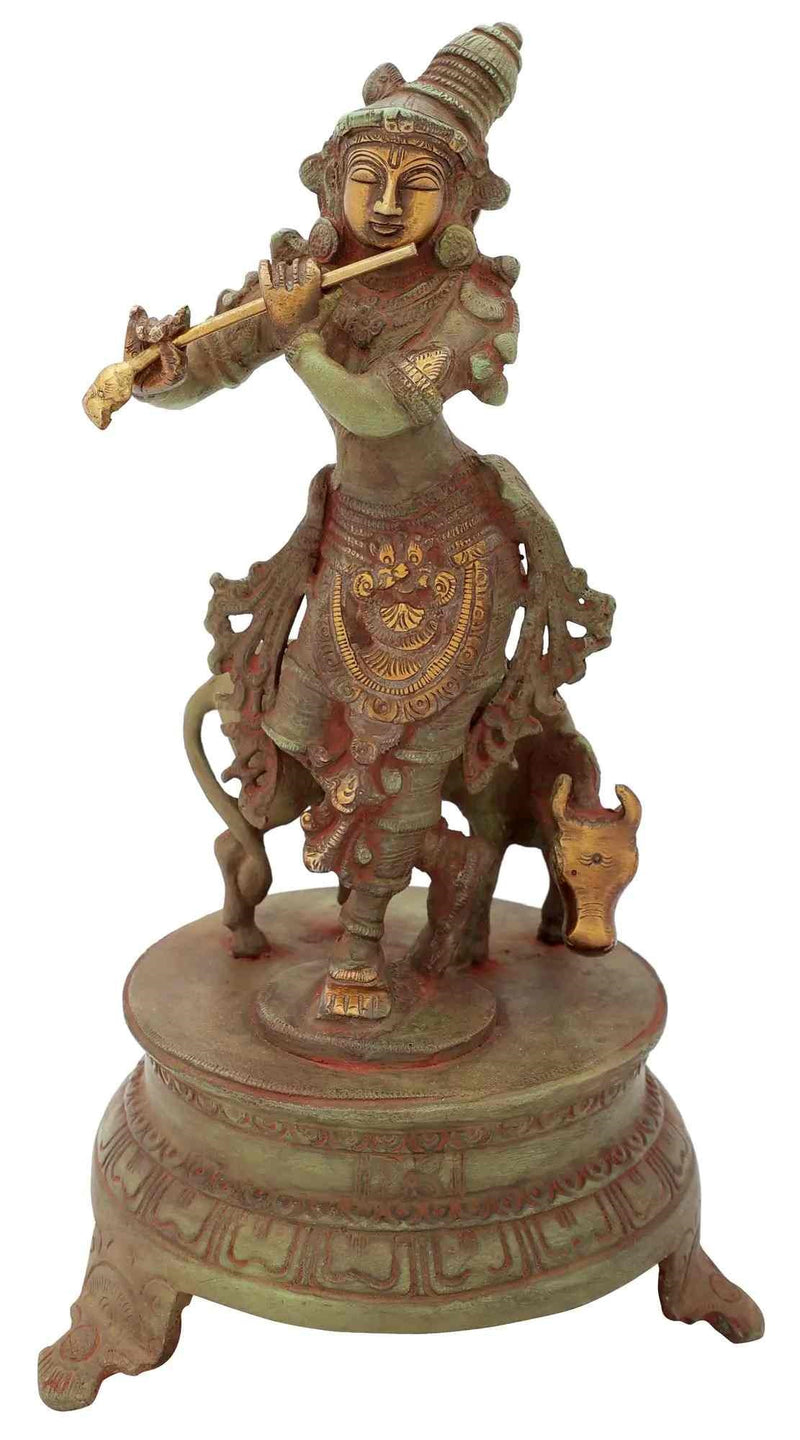 Handmade Sinduri green gold Brass Venugopala Idol 10 inches