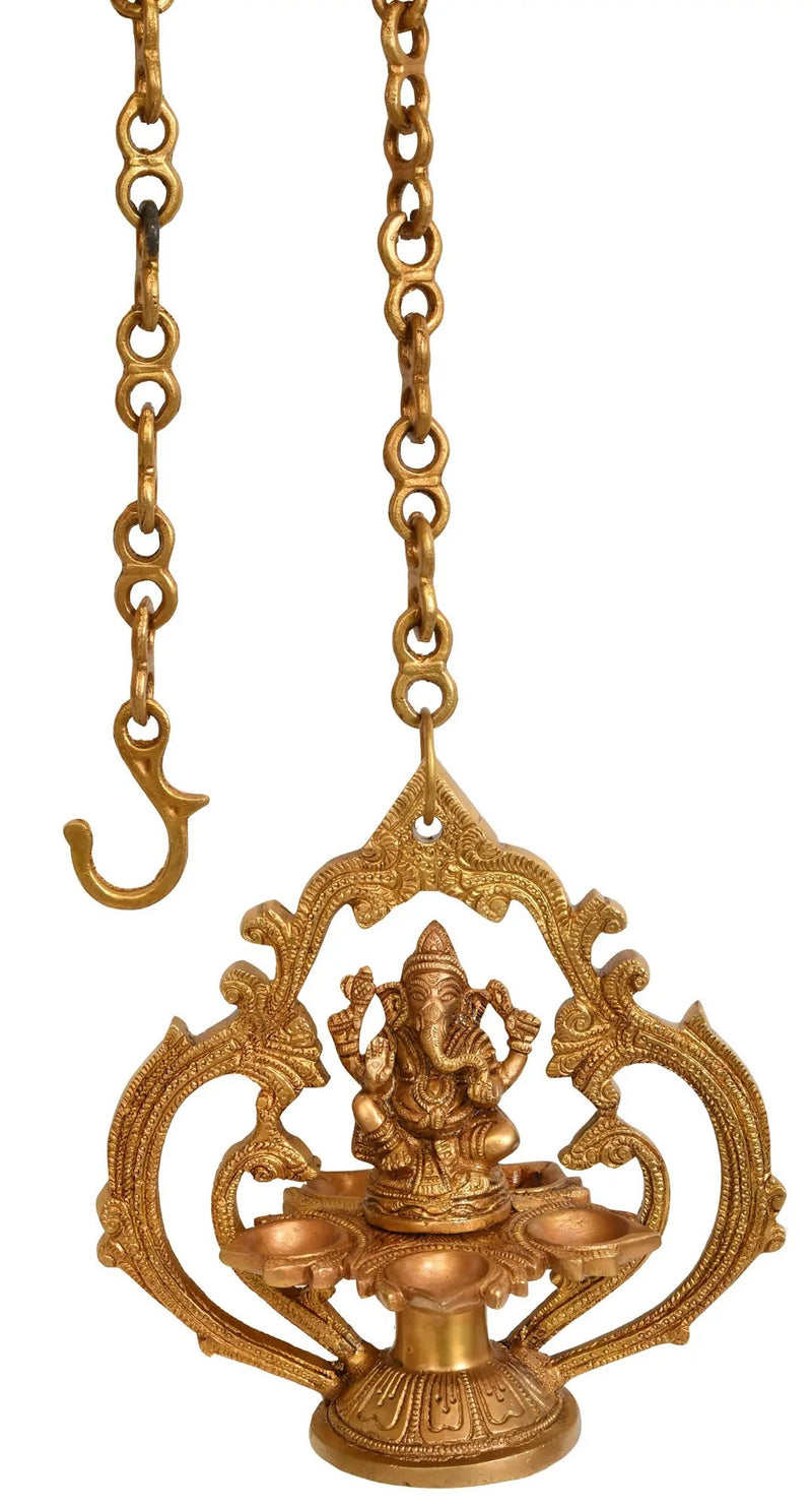 Brass Hanging Lamp with Five Wicks and Lord Ganesha Design 7 inches