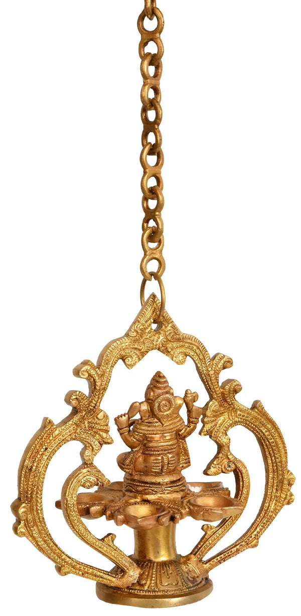 Brass Hanging Lamp with Five Wicks and Lord Ganesha Design 7 inches Entryway Setting