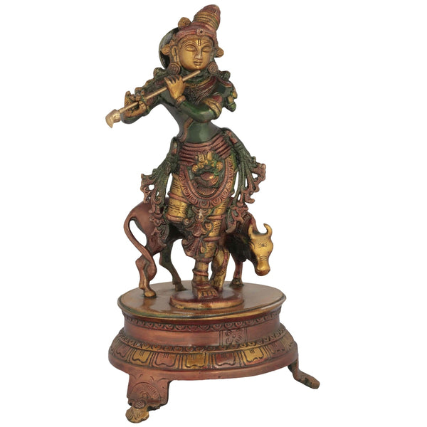 Handmade Henna Touch Brass Venugopala Idol 10 inches Mandir Setting