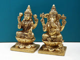 Pair of gold-tone Lakshmi and Ganesha statues sitting on lotus bases, 4 inch