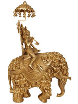 Radha and Krishna brass statue on elephant, decorative umbrella and patterned armor