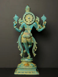 Turquoise patina brass Krishna statue with circular halo behind head, 21-inch standing