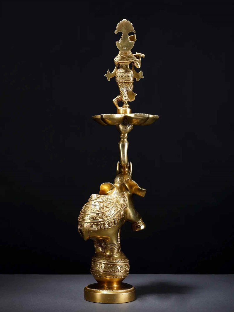 Brass Lamp of Fluting Krishna with Five Wicks on Elephant 17 Inches