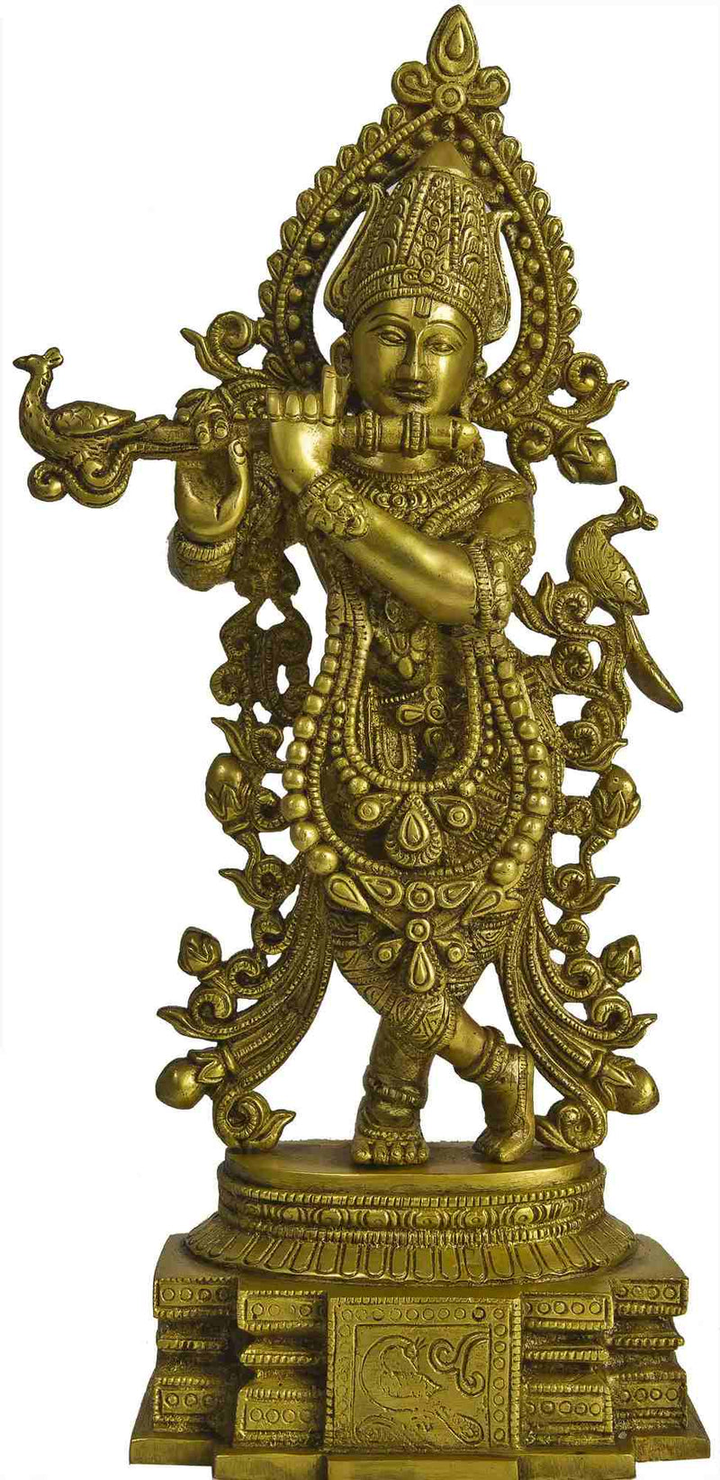 Handmade Natural Brass Statue of Krishna Playing a Divine Flute 15 Inches