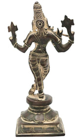 Antique brass Lord Murli Krishna statue, detailed crown and four arms
