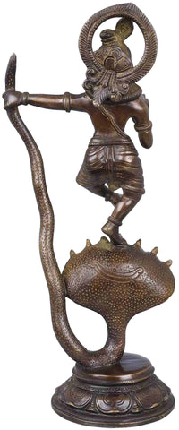 Brown brass Krishna Kaliya Vijaya Lila statue, side view with coiled serpent base