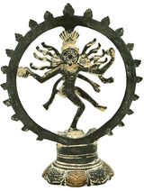 Nataraja antique sculpture view from front, many arms, green patina with gold details