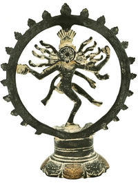 Nataraja antique sculpture view from front, many arms, green patina with gold details