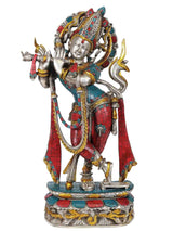 Silver brass Murali Krishna statue, coral & turquoise inlay, standing, 23 in