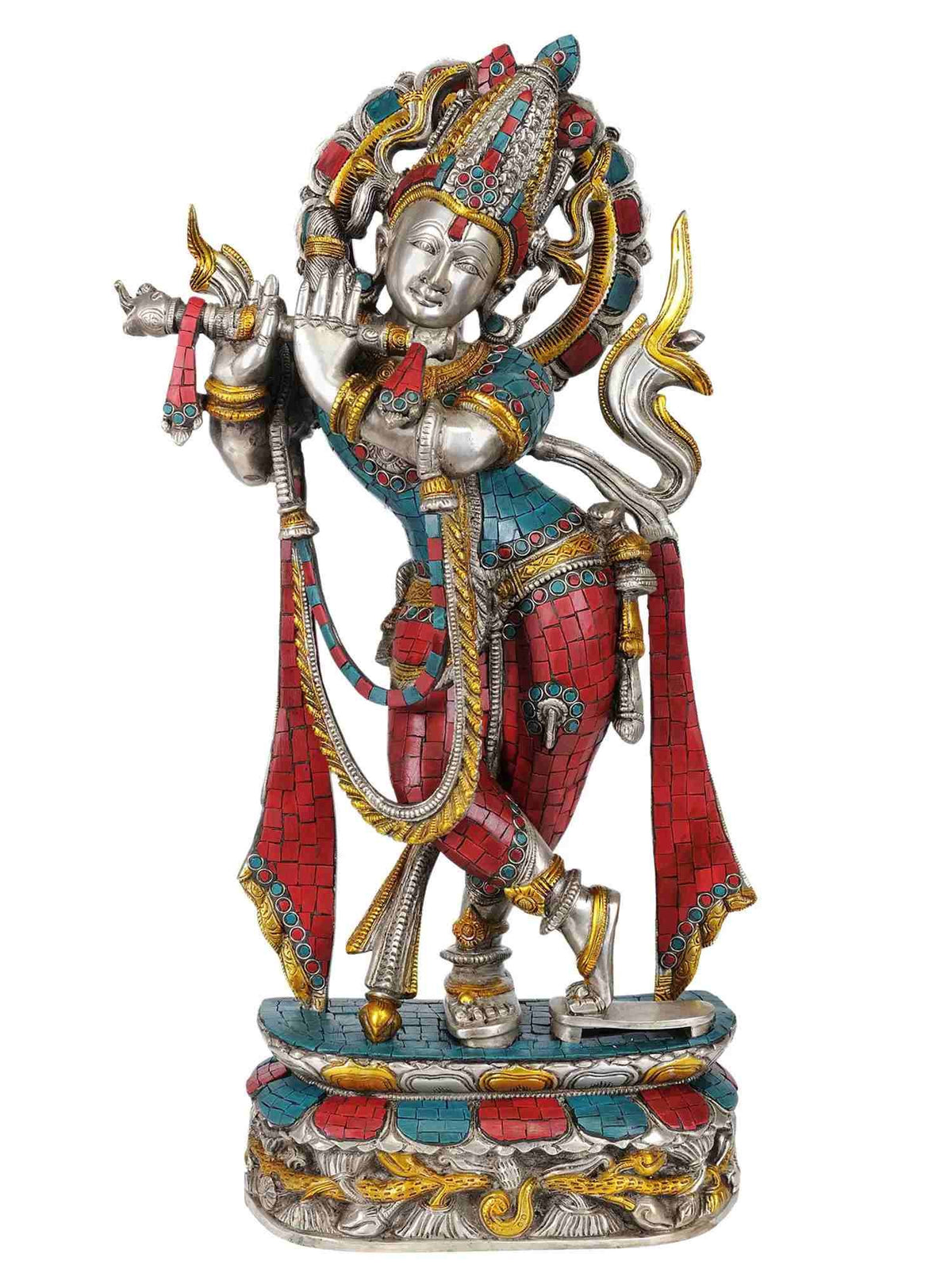 Silver brass Murali Krishna statue, coral & turquoise inlay, standing, 23 in