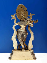 Natural brass standing Krishna statue playing flute, decorative base, 14 in