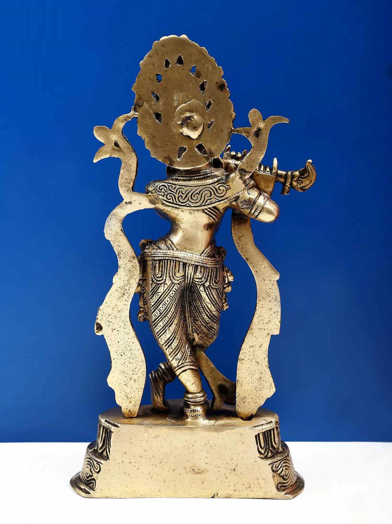 Natural Brass Statue of Standing Fluting Krishna 14 INCHES