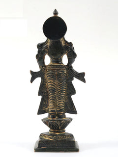 Antique black brass Radha Ji statue, back view, detailed drape and ribbed skirt