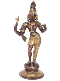 Ardhanarishvara brass sculpture, 11-inch idol with raised hands and gold details