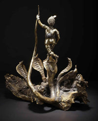 Kaliya Mardan Krishna standing figure with raised spear on ornate serpent pedestal