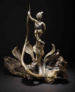 Kaliya Mardan Krishna standing figure with raised spear on ornate serpent pedestal