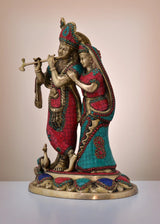 Brass Radha-Krishna figurine, colorful inlay dresses, Radha embracing Krishna, 16-inch