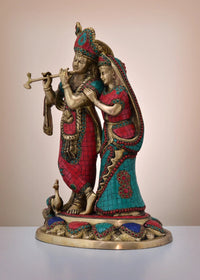 Brass Radha-Krishna figurine, colorful inlay dresses, Radha embracing Krishna, 16-inch