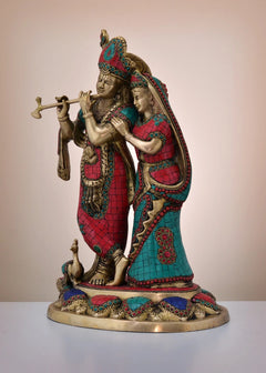 Brass Radha-Krishna figurine, colorful inlay dresses, Radha embracing Krishna, 16-inch