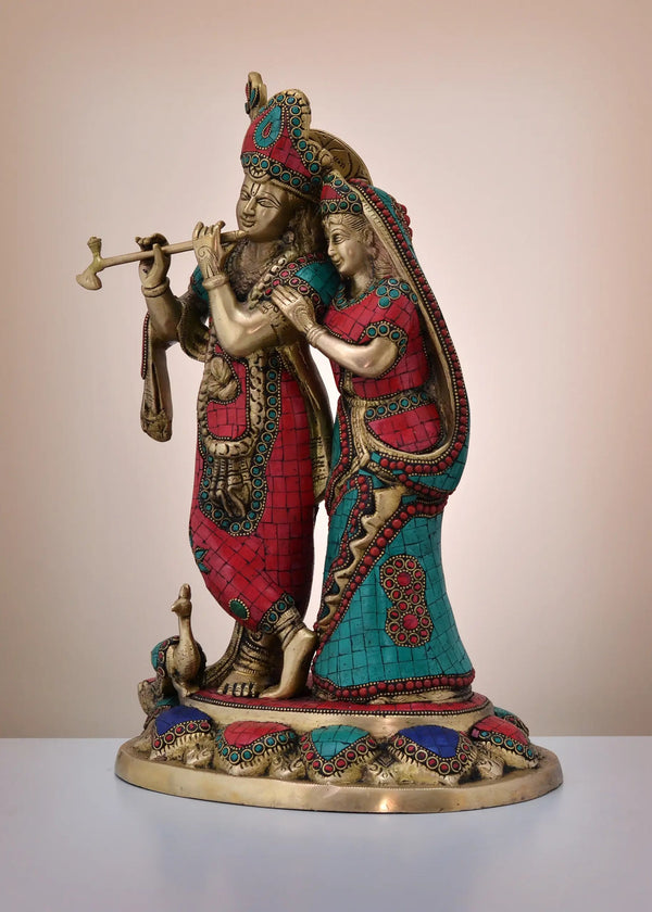 Handmade Brass Sculpture of Radha Krishna with Inlay Work 16 Inches Entryway Setting