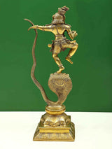 Brass Kaliya Krishna statue on coiled serpent, ornate detailing, 18 in