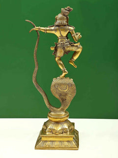 Brass Kaliya Krishna statue on coiled serpent, ornate detailing, 18 in