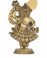 Krishn avatar brass idol, gold-toned, side view with flute and circular halo