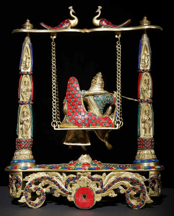 Brass Statue of Radha and Krishna on a Swing with Intricate Inlay Work 18 Inches Study Setting