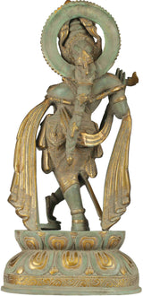 Angled brass Lord Krishna statue, long plaited hair, layered drape details and halo