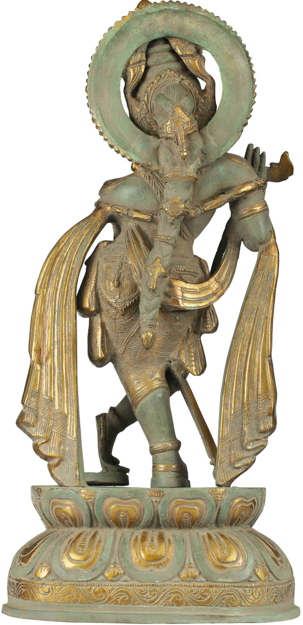 Handmade Brass Statue of Long-Plaited Lord Krishna 19 Inches Study Setting