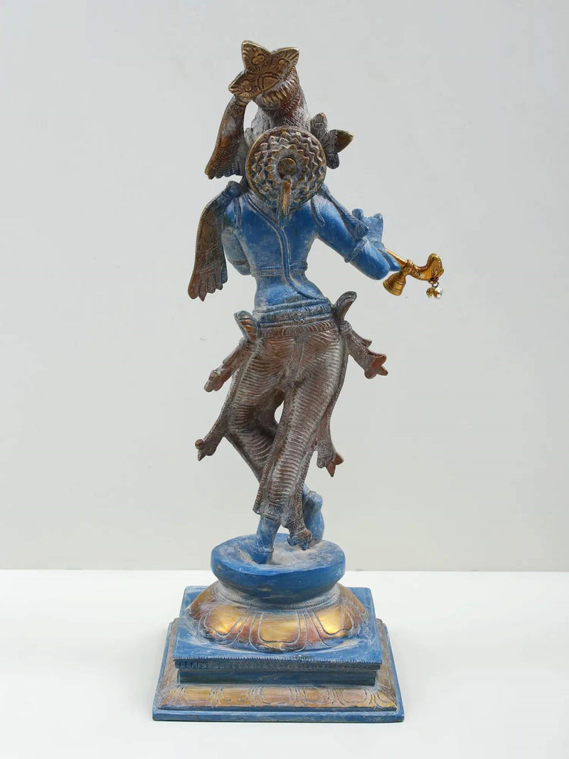 Blue gold Brass Statue of Standing Lord Krishna Playing the Flute 14 inches