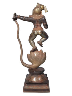 Brass Kaliya Krishna statue, 18 inches, side view with rope-like serpent